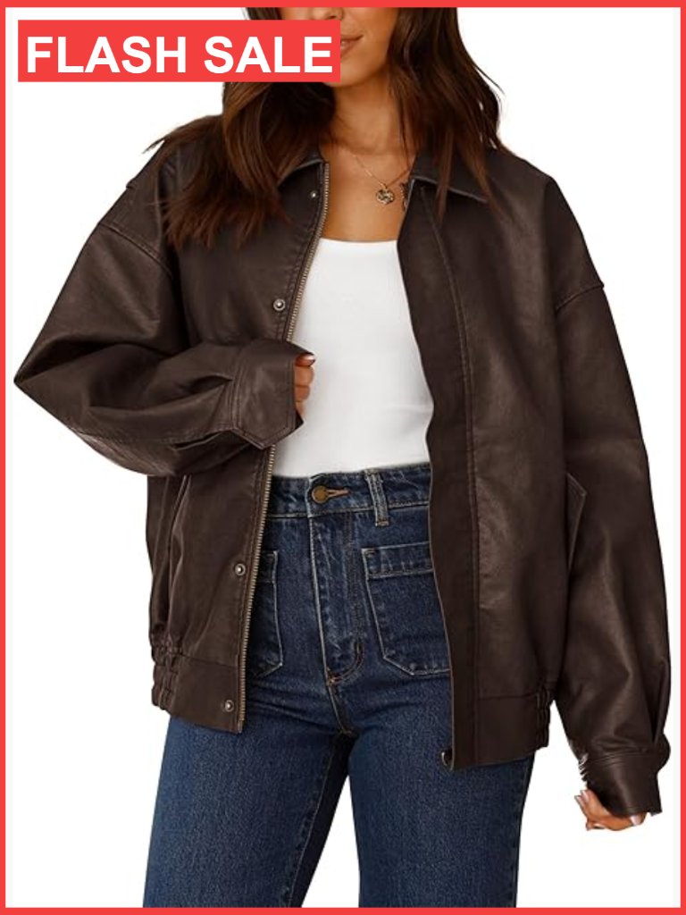 Oversized Faux Leather Motorcycle Jacket Trendy Zip Up Winter Coat